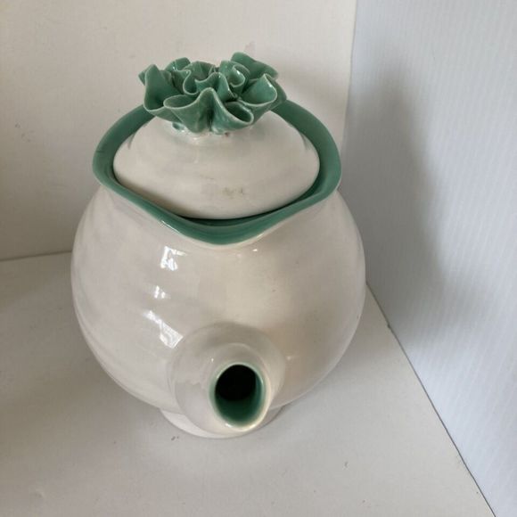 Graces Teaware Fine China White Teapot with Lid Teal Accents Trim 24 oz - Picture 7 of 13